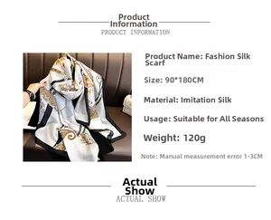 Detailed chart of the 90x180cm paisley faux silk scarf showing specifications and texture