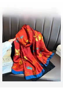 Detail of red and blue silk scarf with traditional Chinese cloud patterns and glossy finish