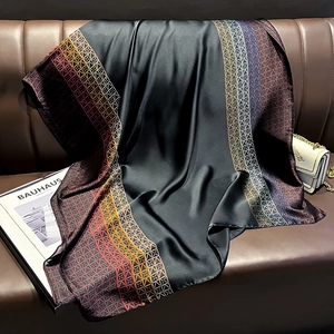 Detailed view of silk scarf with geometric chain patterns and silk luster on leather