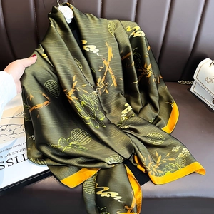 Olive green silk scarf with gold traditional Chinese patterns and yellow border detail
