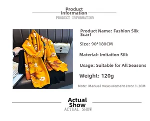 Sciarpa alla moda effetto seta 90x180cm con motivi floreali bianchi e marroni su giallo