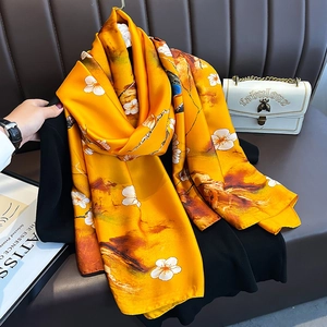 Sciarpa Scialle Effetto Raso Elegante Stampa Fiori Di Prugna Uccello Raso Simulazione Grande Lungo Avvolgente Moda Per Donne
