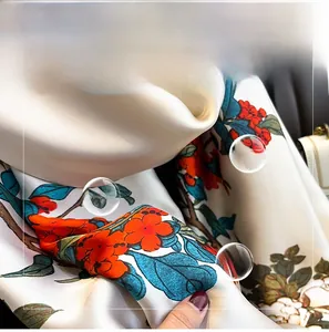 Close-up of elegant floral print long scarf with premium silk-like texture and soft drape