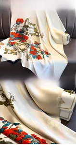 Close-up of silk scarf with floral patterns and neat edge stitching details