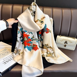 Elegant white silk scarf with red floral and blue bird print for women