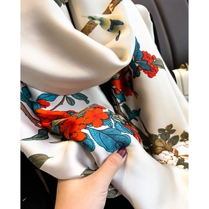 Elegant white silk scarf with vibrant floral and bird prints in a classic Chinese style