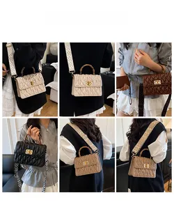 Quilted crossbody bag with bamboo handle and wide strap shown in multiple colors on models