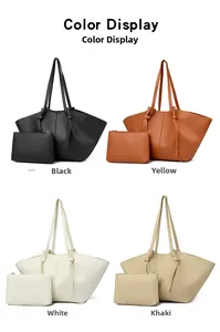 Detailed color display of large wing-shaped tote bags in black, yellow, white, and khaki
