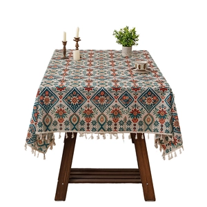 Bohemian geometric floral tablecloth with white tassels for rectangular dining tables