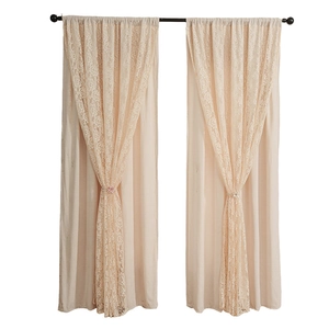 French cream double-layer blackout curtains with floral lace and floral tiebacks