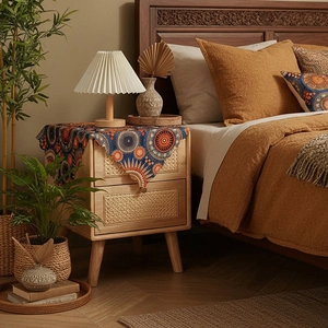 Bohemian mandala table runner with tassels on a nightstand in a cozy bedroom setting
