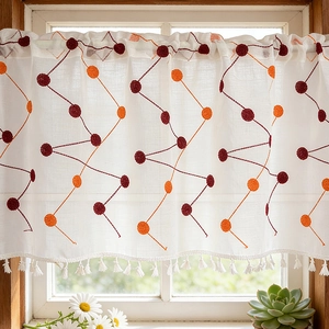 Country style coffee curtain with geometric dot embroidery and white tassel edge