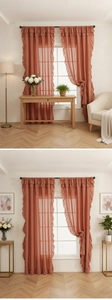 Detailed ruffled edges and sheer texture of the rust red voile curtains in a home setting