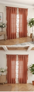 Detailed view of terracotta curtains featuring elegant ruffled edges and linen-like texture