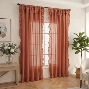 Ruffle Window Curtains Sheer Voile Panels Polyester French Retro Rod Pocket Semi Transparent Drapery