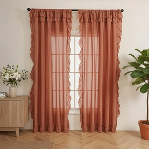 Caramel semi-sheer ruffled curtains set for living room in French country style