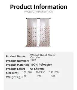 Detail of wheat ear embroidery on semi-sheer beige polyester curtains with size chart
