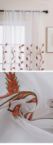 Detail of red and green wheat ear embroidery on white semi-transparent sheer curtain