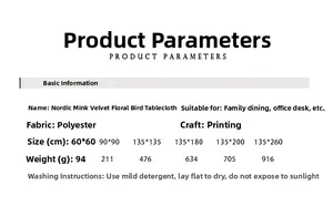 Size chart for Nordic chenille tablecloth showing dimensions, fabric weight, and care guide