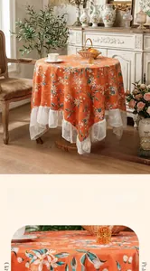 Detail of vintage orange floral tablecloth with elegant white lace ruffle edges