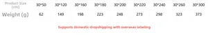 Detailed size chart for woven table runner with length and weight specifications