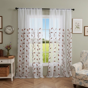 American pastoral sheer curtains with brown wheat embroidery and rod pocket header