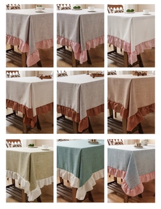 Detailed texture of cotton linen tablecloths with elegant ruffled chiffon borders