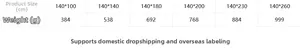 Size chart showing linen tablecloth dimensions from 140x100cm to 140x260cm and product weight