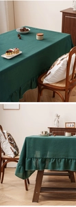 Detail of dark green linen tablecloth featuring elegant ruffle edges and textured fabric