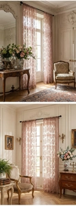 Detail of light purple floral lace curtain featuring intricate vintage flower patterns