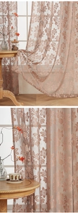 Detailed view of dusty rose floral lace curtain with intricate jacquard patterns