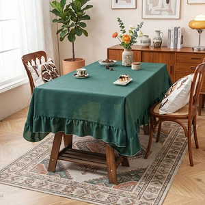 Rectangle Solid Color Ruffle Tablecloth Linen Polyester Blend Farmhouse Style Dustproof Washable Dining Table Cover Decor