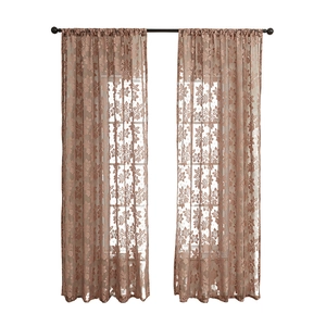 Pair of semi-transparent floral lace curtains in dusty rose with rod pocket design
