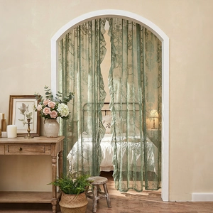 Olive green French lace door curtain with vintage floral patterns for stylish home decor