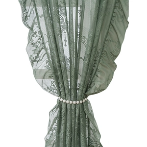 Elegant Morandi green lace curtain with floral patterns and ruffled edges with bead tieback