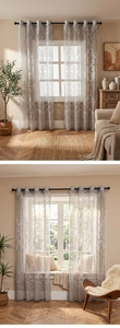 Detail of elegant scroll embroidery on semi-transparent grommet top sheer curtains