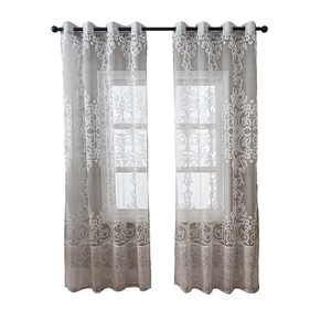Damask pattern cationic grey sheer curtains with metal grommets for living room decor