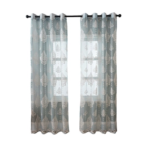 Light blue damask lace curtain with metal grommets for living room semi-sheer window decor