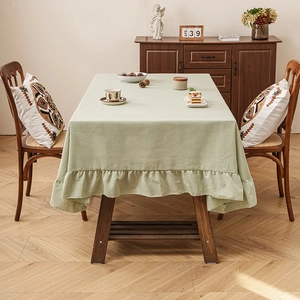 Linen rectangle tablecloth with ruffles in light green for farmhouse dining decor