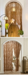 Detail of brown floral lace door curtain with delicate ruffles and semi-sheer texture