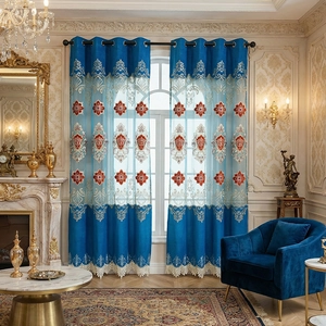 Luxury European Style Floral Embroidered Curtains Polyester Patchwork Sheer Panels With Tassel Grommet Top Window Treatment