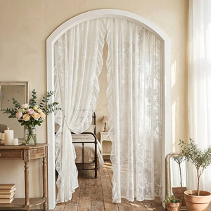 French Vintage Lace Door Curtain Polyester Floral Ruffle Sheer Partition Screen For Living Room Bedroom Home Decor