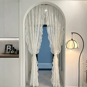 French retro white lace door curtain with scalloped edges for arched doorway