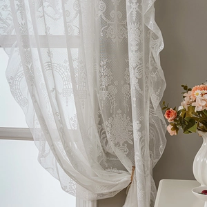 French retro white lace curtain with vintage floral patterns for bedroom windows