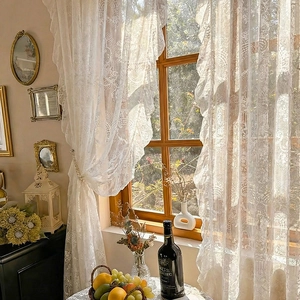 French retro white lace curtain with delicate floral patterns for elegant home decor