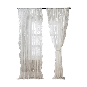 French style white lace curtains with ruffle edge and elegant pearl tiebacks