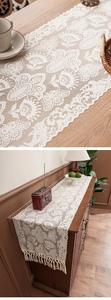 Close-up of retro off-white lace table runner with intricate floral patterns and tassels