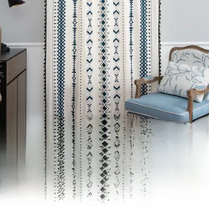 Detail of bohemian curtain with blue geometric prints and black tassel trim