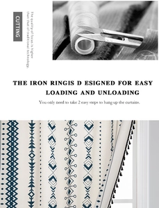 Detail of bohemian cotton linen curtain showing iron rings and small ball fringe trim