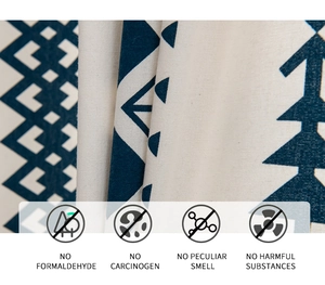 Detail of bohemian cotton linen curtain fabric featuring navy blue geometric wave patterns